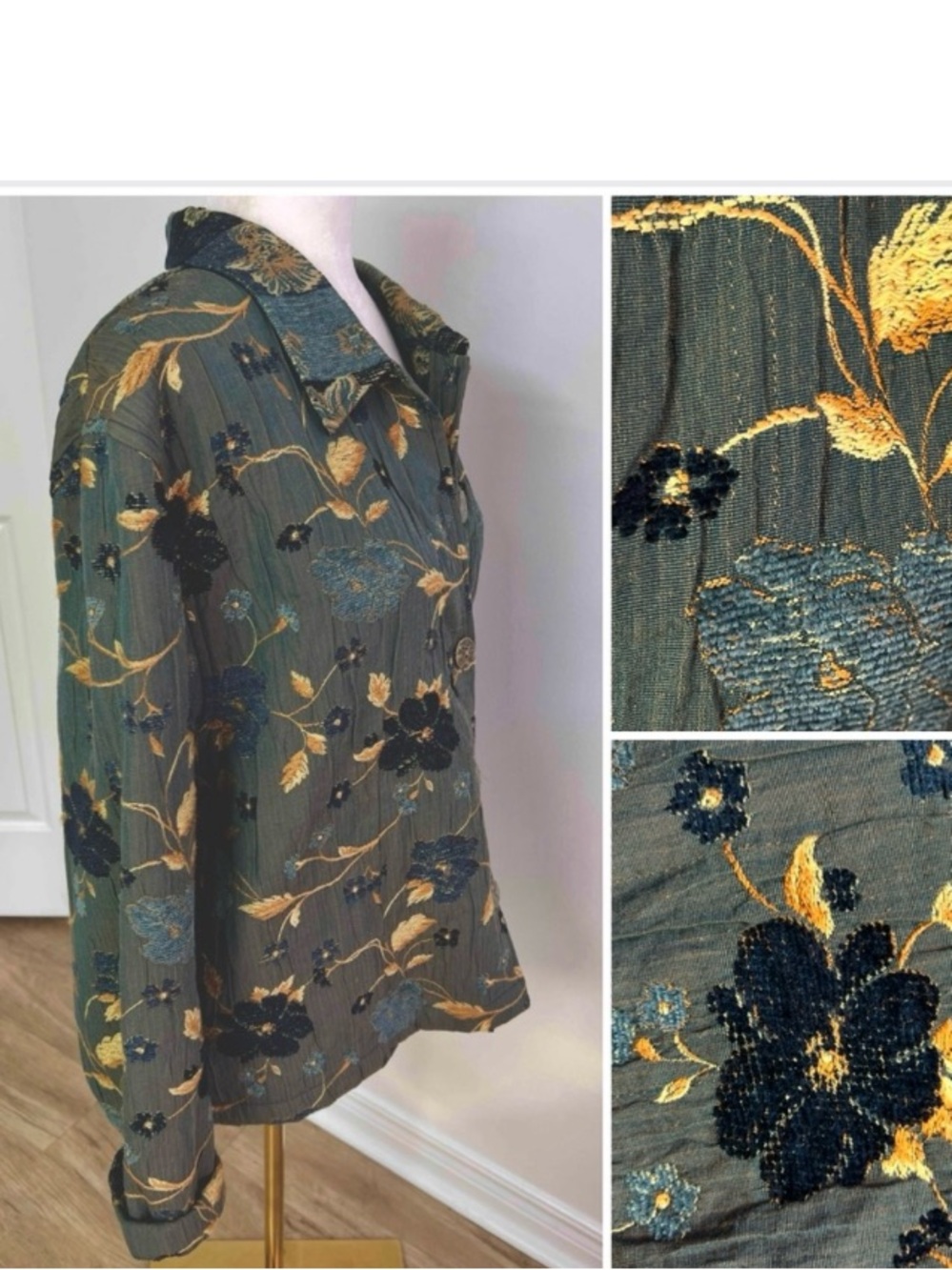 Short jacket embroidered / blue & yellow flowers on slate grey  + bonus bracelet